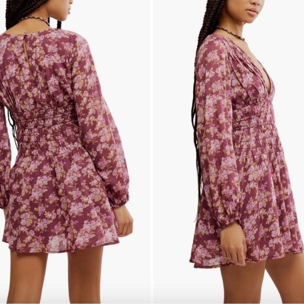 New Free People Keep You Floral Print V-Neck Long Sleeve Mini Dress